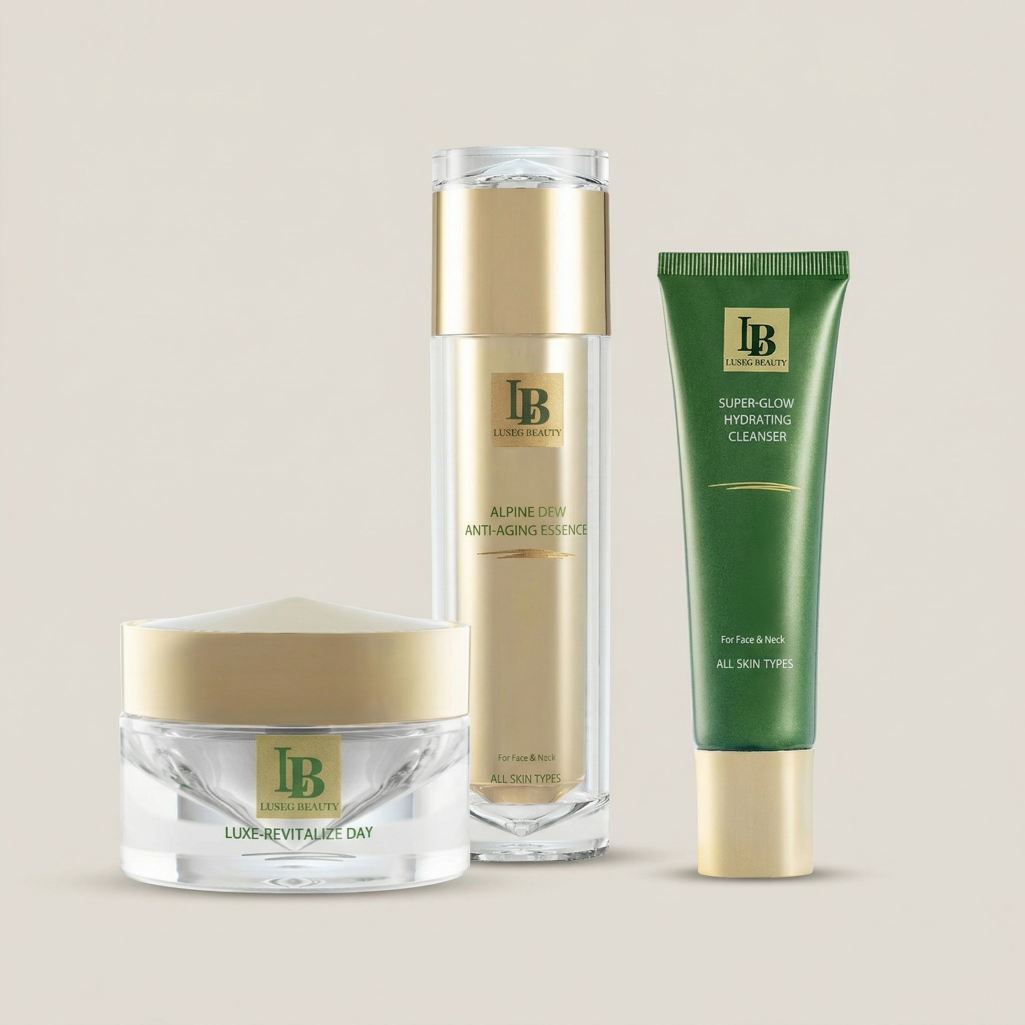 Three skincare products with LB logo onto the background colour tone
